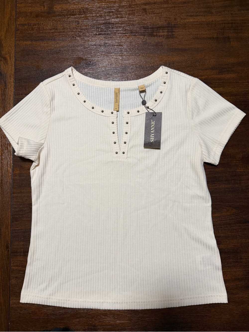 Shyanne Cream Ribbed Short Sleeve Top with Stud Trim